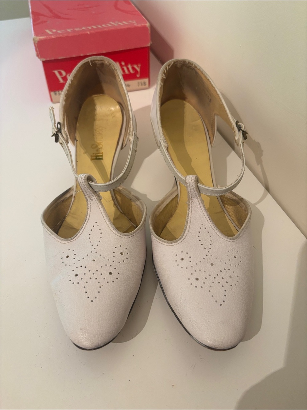 Vintage White T-Strap Perforated Heels
